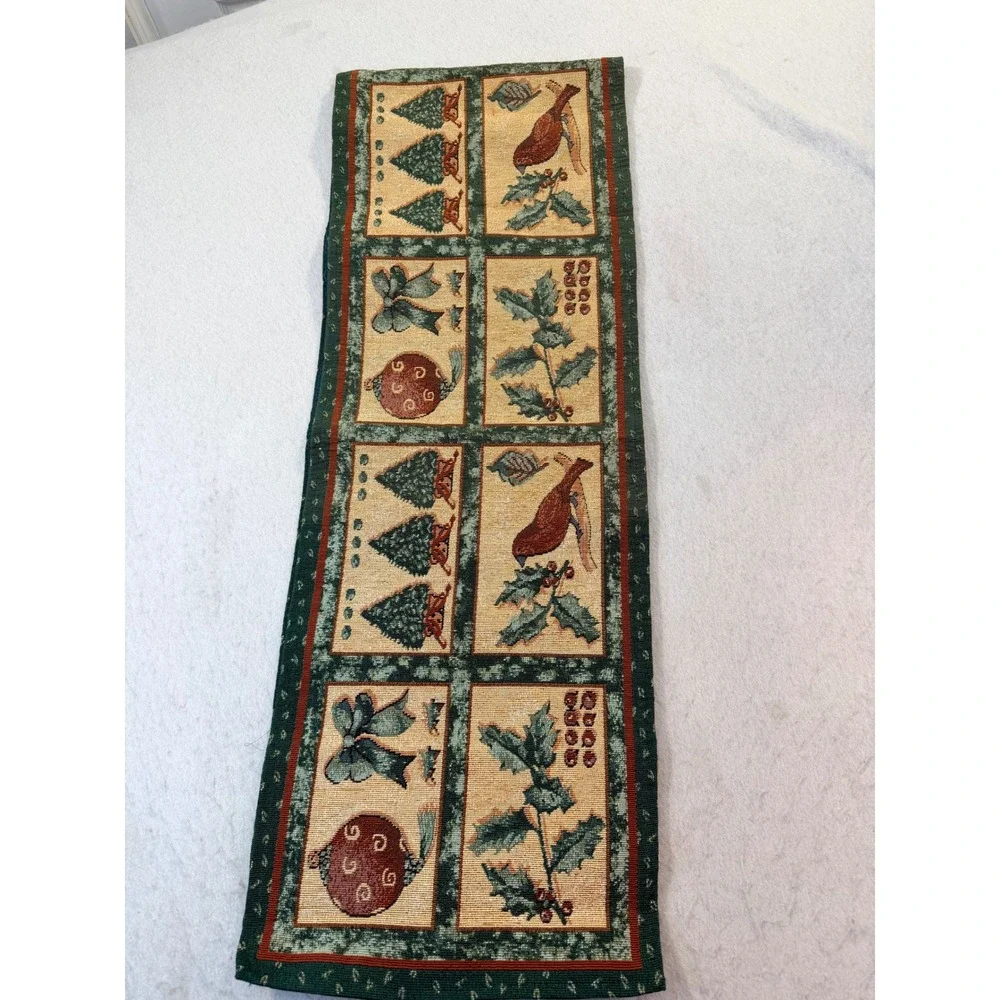Christmas Woven Tapestry Table Runner Cardinal Holly Tree Green Red 12x 70